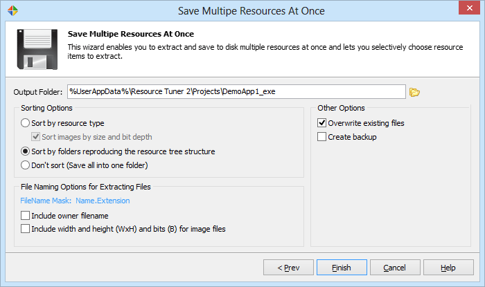 Specify the default output folder for saved resource files