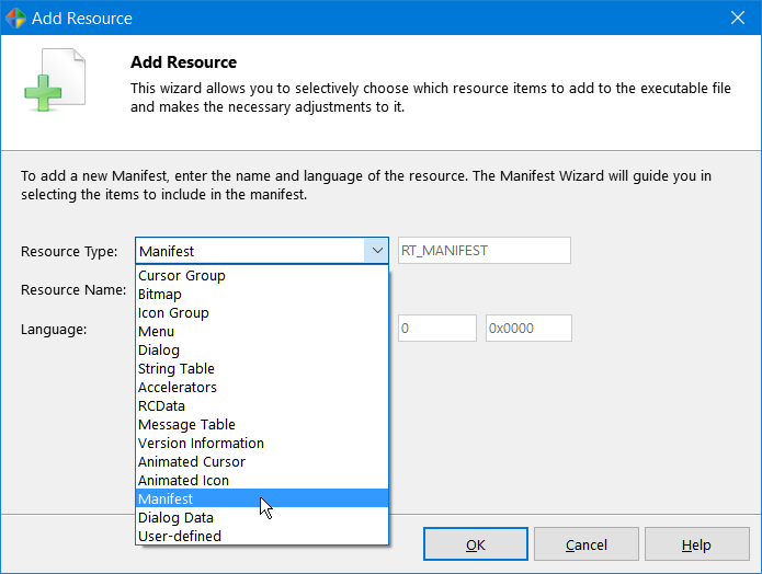 Select the Manifest resource type from the list Select the Manifest resource type