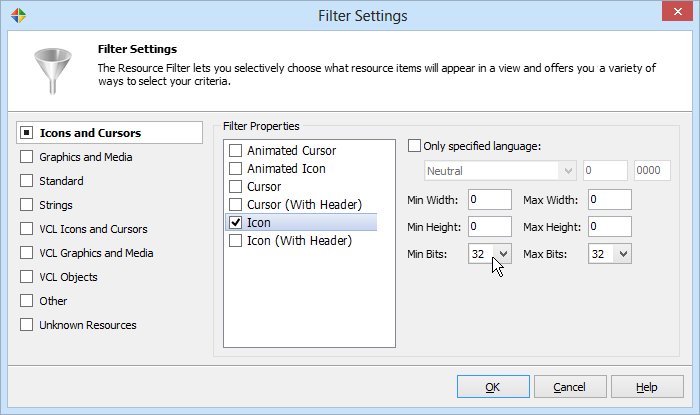 Filter Settings dialog box Resource Filter settings